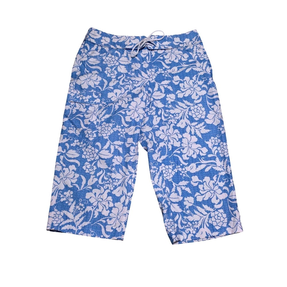 IZOD Womens Blue White Floral Board  Capri Pants Size 12 Cargo Pocket Drawstring